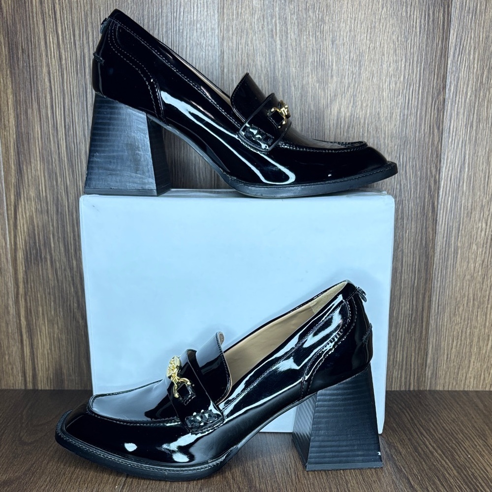 Sam Edelman Patent Leather Chunky Heel Loafers Gold Chain Size 8
